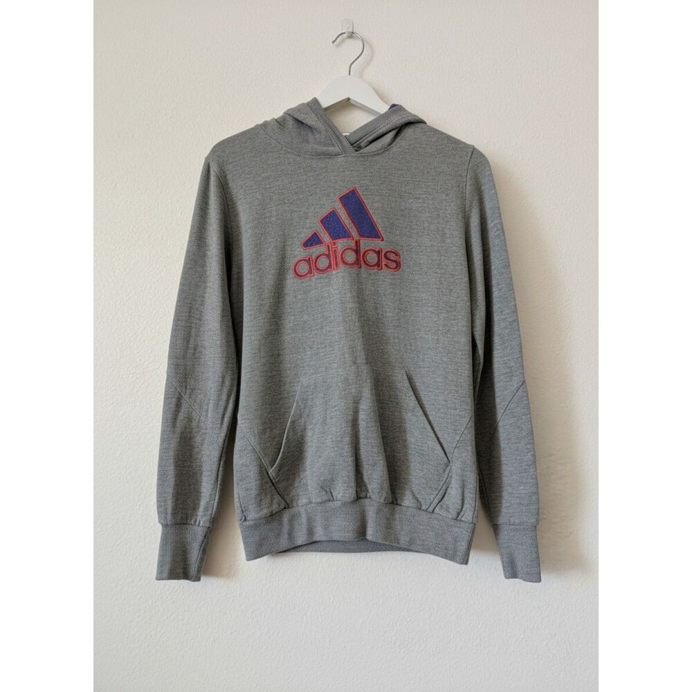 Adidas Youth Pullover Hoodie Large 14 Gray Purple Logo Kangaroo Pocket